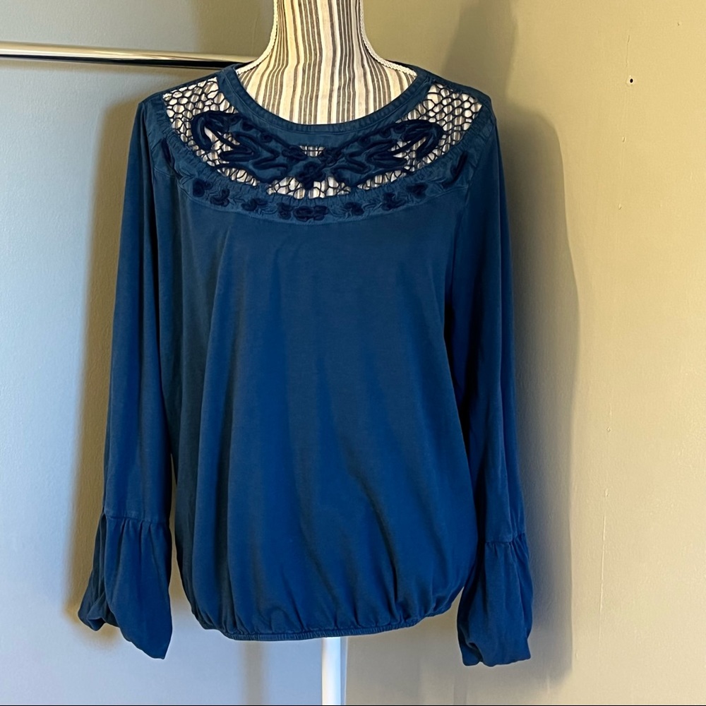 Soft Surroundings Womens Blue Puff Sleeve Boho Peasant Embroidered Blouse L